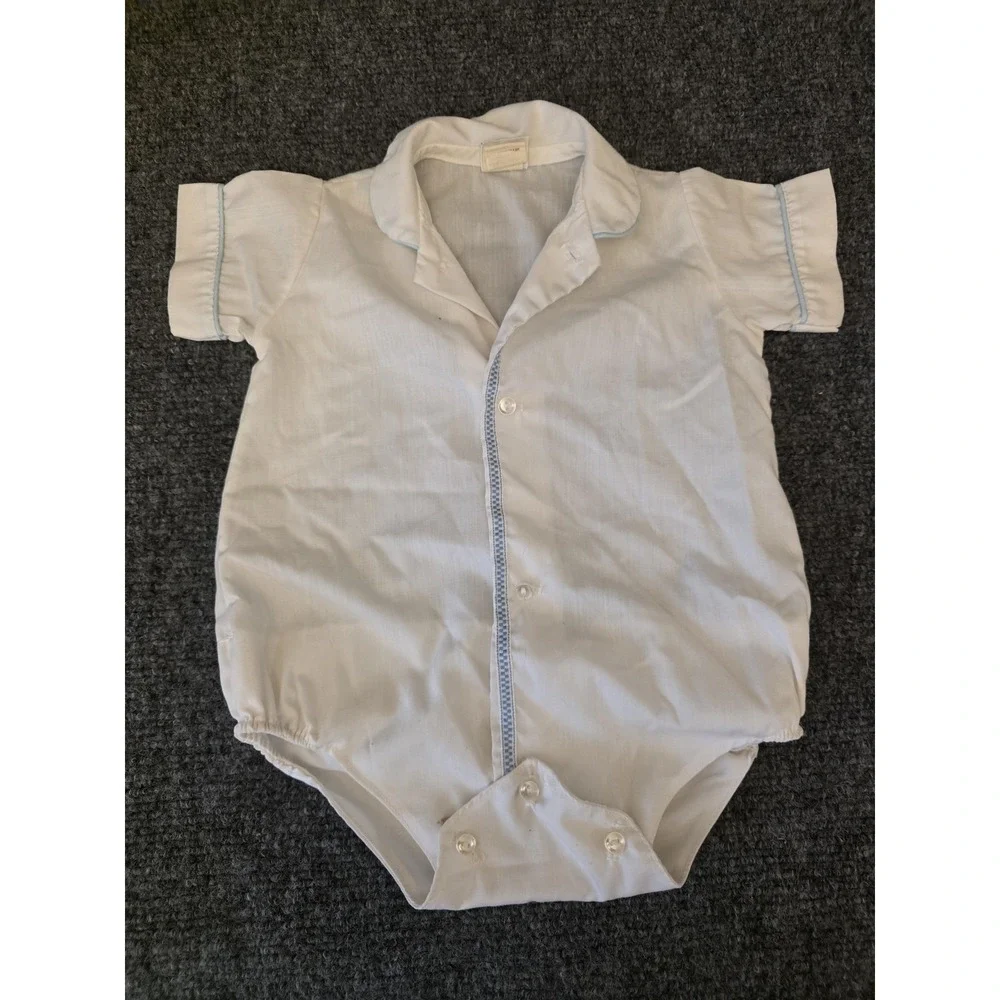 Vtg Fawn Togs Romper‎ Boys 3-6 Months White Blue Trim Short Sleeve Bodysuit